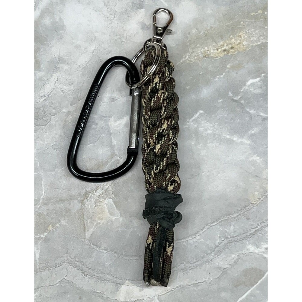 Paracord & Leather Braided Keychain Green With Carabiner Key Ring Swivel Clasp